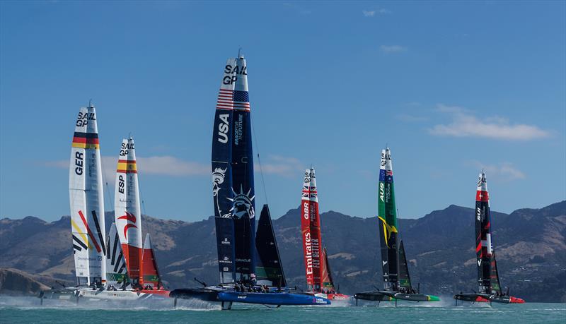 The fleet in action led by Switzerland SailGP Team and USA SailGP Team on Race Day 2 of the ITM New Zealand Sail Grand Prix in Christchurch. Sunday 24th March, 2024 - photo © Chloe Knott/SailGP