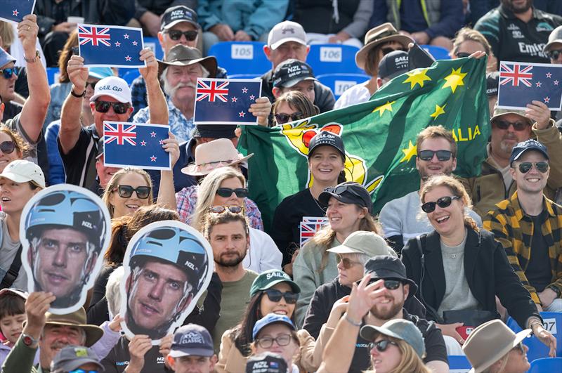 New Zealand SailGP Team and Australia SailGP Team fans cheer from the grandstand on Race Day 1 of the ITM New Zealand Sail Grand Prix in Christchurch,  23rd March  photo copyright Ricardo Pinto/SailGP taken at Naval Point Club Lyttelton and featuring the F50 class