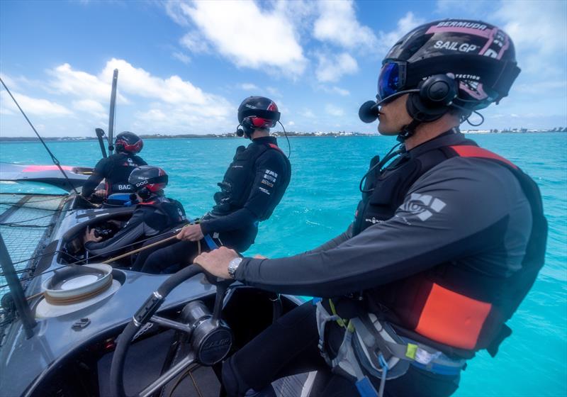 Nathan Outteridge, driver, alongside Will Ryan, wing trimmer, Nicolas Rolaz, flight controller, and Jeremy Bachelin, grinder of Switzerland SailGP Team, during a practice session ahead of the Apex Group Bermuda Sail Grand Prix - photo © Felix Diemer for SailGP