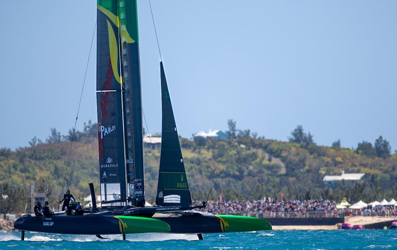 Australia SailGP Team helmed by Tom Slingsby pass the grandstand and Race Stadium on Race Day 1 of the Apex Group Bermuda Sail Grand Prix - photo © Samo Vidic for SailGP