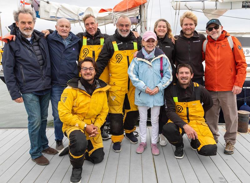 Translated 9 IT (09), formerly known as ADC Accutrac, is warmly welcomed by Clare Francis MBE and her crew to relive the 1977 Whitbread Race under its new name, Translated 9 photo copyright Translated 9 / OGR2023 taken at  and featuring the Ocean Globe Race class