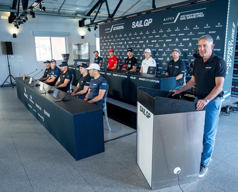 Sir Russell Coutts, SailGP CEO, speaks at the pre-event press conference in the Adrenaline Lounge ahead of the Apex Group Bermuda Sail Grand Prix in Bermuda - May3, 2024 photo copyright Bob Martin/SailGP taken at Royal Bermuda Yacht Club and featuring the F50 class