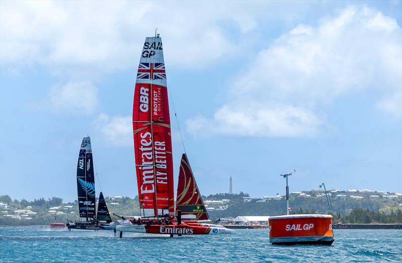 Emirates Great Britain SailGP Team helmed by Giles Scott and New Zealand SailGP Team helmed by Peter Burling in action ahead of the Apex Group Bermuda Sail Grand Prix photo copyright Samo Vidic for SailGP taken at  and featuring the F50 class