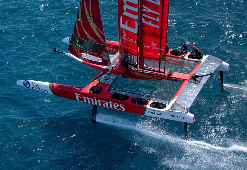 Emirates Great Britain SailGP Team helmed by Giles Scott during a practice session ahead of the Apex Group Bermuda Sail Grand Prix photo copyright Bob Martin for SailGP taken at  and featuring the F50 class