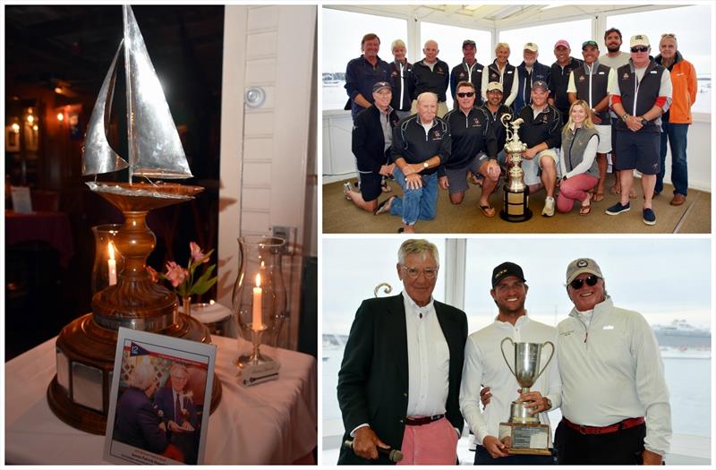 Clockwise from left: Ted Turner Trophy photographed at 12 Metre Yacht Club/Clarke Cooke House; American Eagle team with the 12 Metre North American Trophy; Event Chair Peter Gerard, Alec LeFort and his father Jack LeFort with the Ted Hood Trophy photo copyright SallyAnne Santos taken at Ida Lewis Yacht Club and featuring the 12m class
