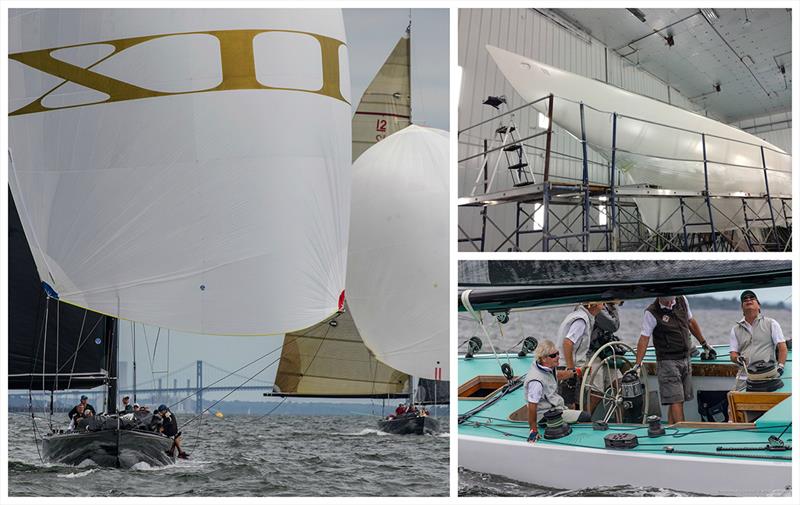 Clockwise from left: Challenge XII (KA-10) under sail, Freedom (US-30) at Pilots Point Marina in 2017; Intrepid (US-22) under sail - 12 Metre World Championship - photo © Stephen Cloutier and courtesy of Freedom