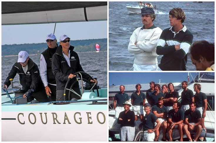 Clockwise from left: Arthur Santry at the helm of Courageous (US-26) with Gary Jobson behind him. Gary Jobson and Ted Turner in 1977; the winning Courageous crew in 1977 photo copyright SallyAnne Santos/Windlass Creative / Gary Jobson taken at Ida Lewis Yacht Club and featuring the 12m class