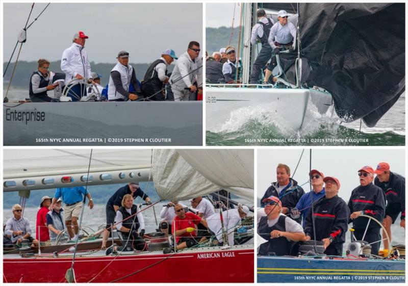 Clockwise from top left at the Annual Regatta: Clay Deutsch at the helm of Enterprise (US-27), crew work aboard Courageous (US-26),  American Eagle (US-21), Dennis Williams at the helm of Victory ‘83 (K-22) - photo © Stephen R. Cloutier