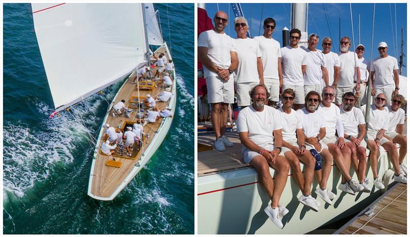 Nyala (US-12) and her crew (Mauro Pelaschier third from right on top row) at the 2019 12 Metre Worlds on day four photo copyright Ian Roman taken at Ida Lewis Yacht Club and featuring the 12m class