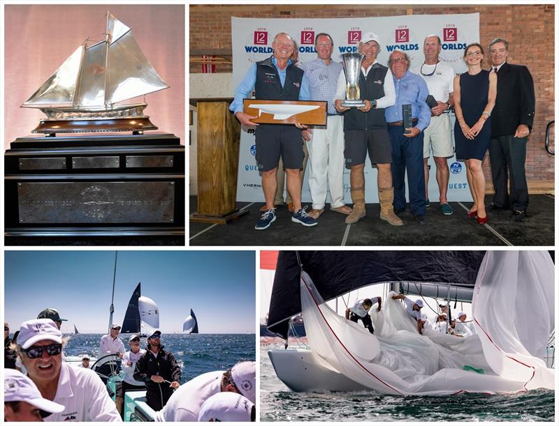 Top Row: Waypoints Series Perpetual Trophy. Courageous syndicate and crew member Ralph Isham (middle) accepts the Waypoints Series vintage keeper trophy at the 2019 12 Metre Worlds. Second Row: The crew of Courageous in the cockpit and on the deck. - photo © SallyAnne Santos / Ian Roman / Onne van der Wal