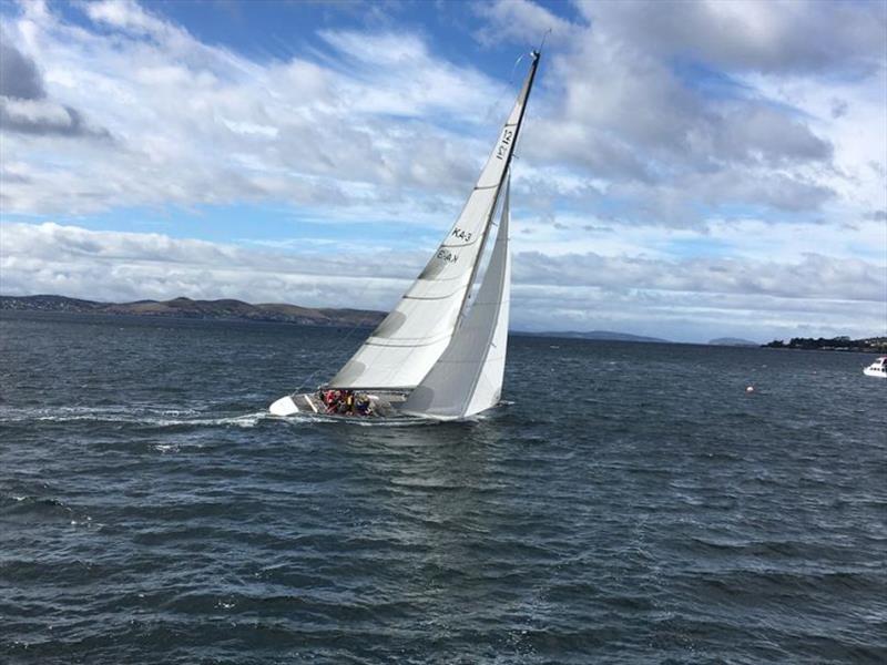 Gretel II powers to windward in 20 knots in the Port Cygnet regatta passage race from Hobart to Kettering photo copyright Royal Yacht Club of Tasmania taken at Royal Yacht Club of Tasmania and featuring the 12m class