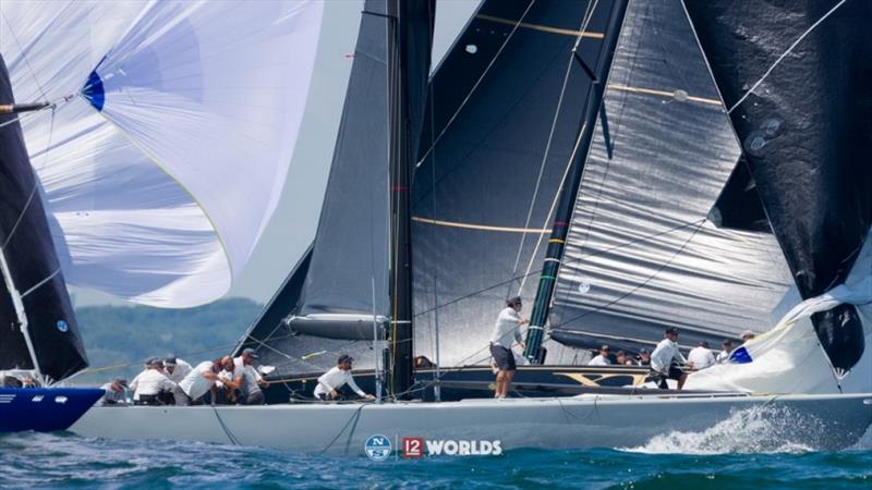 Enterprise (US-27) and Challenge XII (KA-10) vie for position while Freedom (US-30) nips at their heels during the 2019 12mR World Championship in Newport, R.I. - photo © Ian Roman