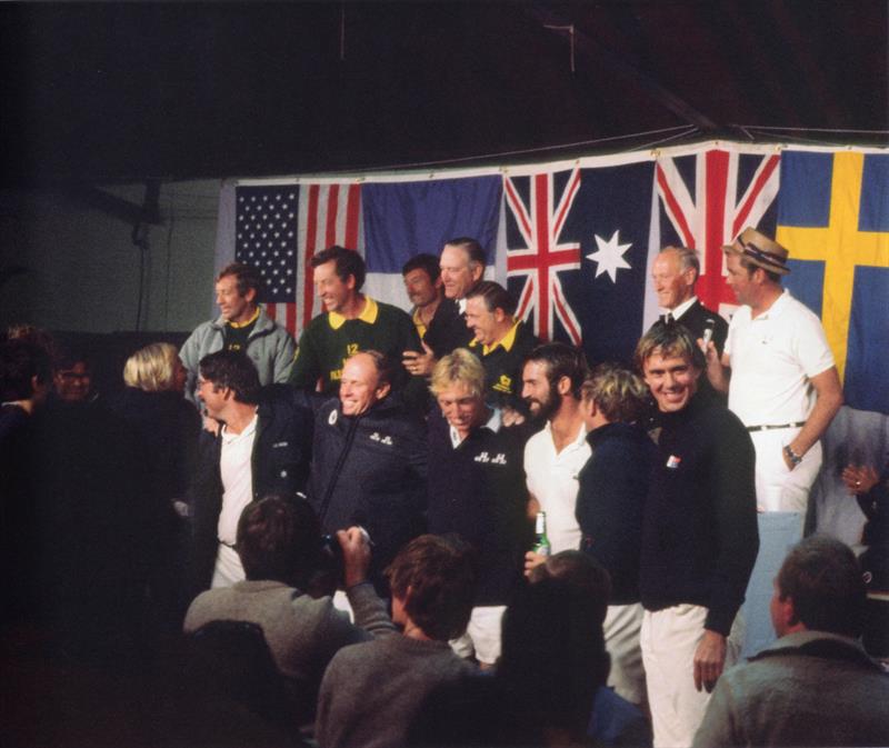 Jim Hardy (second from left at top) as the combined Liberty and Australia II teams break up after the final media conference at the 1983 America's Cup - photo © Paul Darling