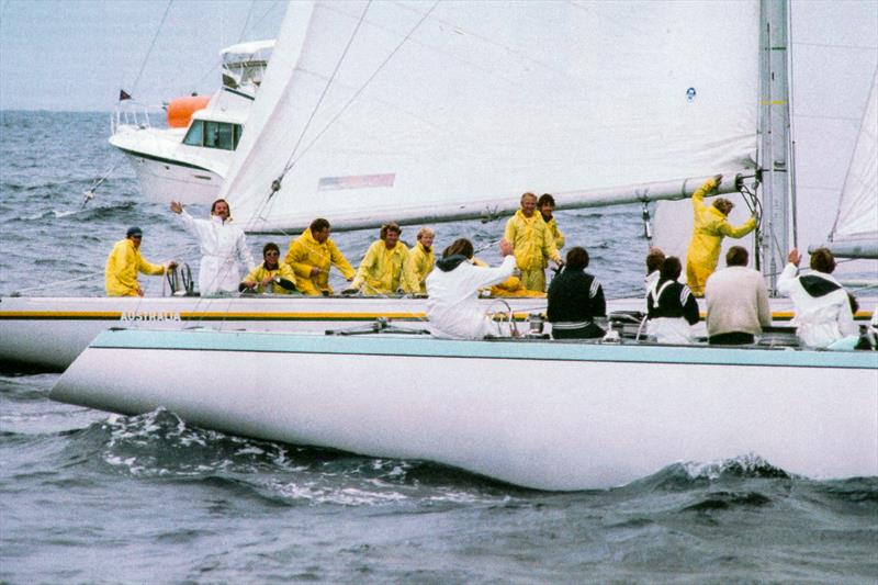 Congratulations flow between Australia and Courageous after the 1977 America's Cup photo copyright Paul A. Darling taken at  and featuring the 12m class