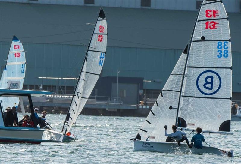 Bartley Constructions attempting a sneaky port hander during the recent Port Hunter States - NSW 13ft & 16ft Skiff Championships photo copyright Neil Pinnington taken at  and featuring the 13ft Skiff class