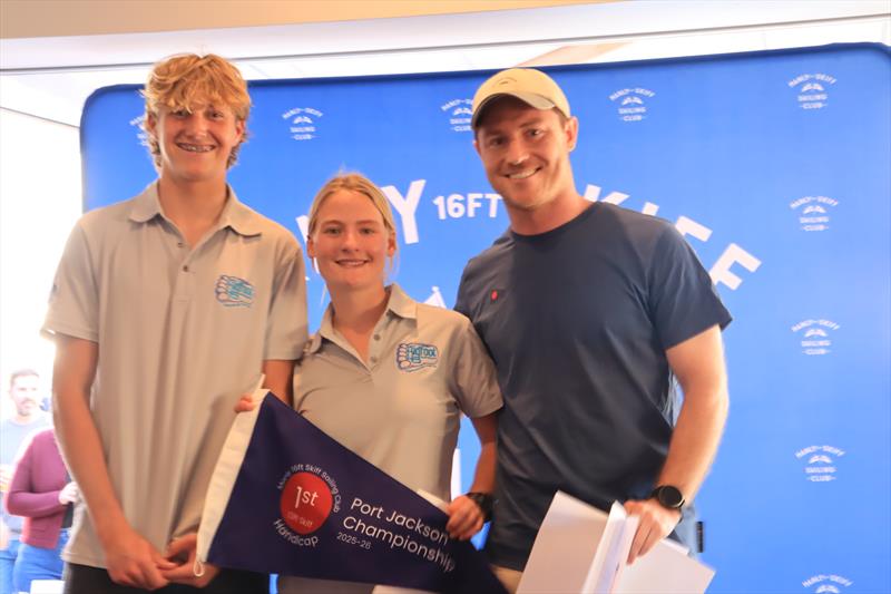 Lily Klijn and Joe Corbell with Commodore Michael Childs at the Port Jackson Championship - photo © Michael Chittenden SailMedia