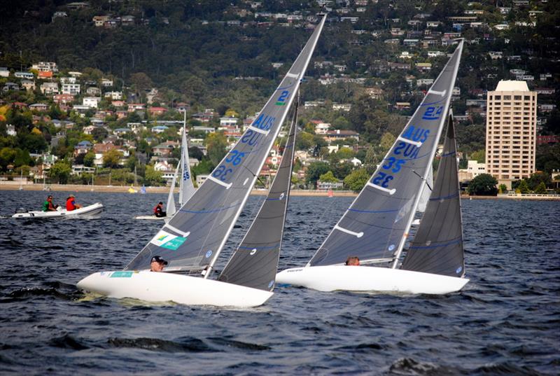 Matt Bugg racing against  Stephen 'Rowdy' McCullum on the River Derwent photo copyright Peter Campbell taken at Royal Yacht Club of Tasmania and featuring the 2.4m class