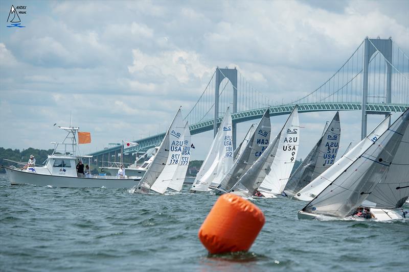 Newport's Pell Bridge backdrops the 2.4mR start line - 20th Anniversary C. Thomas Clagett, Jr. Memorial Clinic and Regatta photo copyright Clagett Sailing - Andes Visual taken at  and featuring the 2.4m class