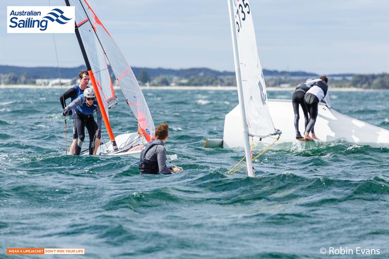29ers negotiating day three of the NSW Youth Championship photo copyright Robin Evans taken at Georges River 16ft Skiff Sailing Club  and featuring the 29er class