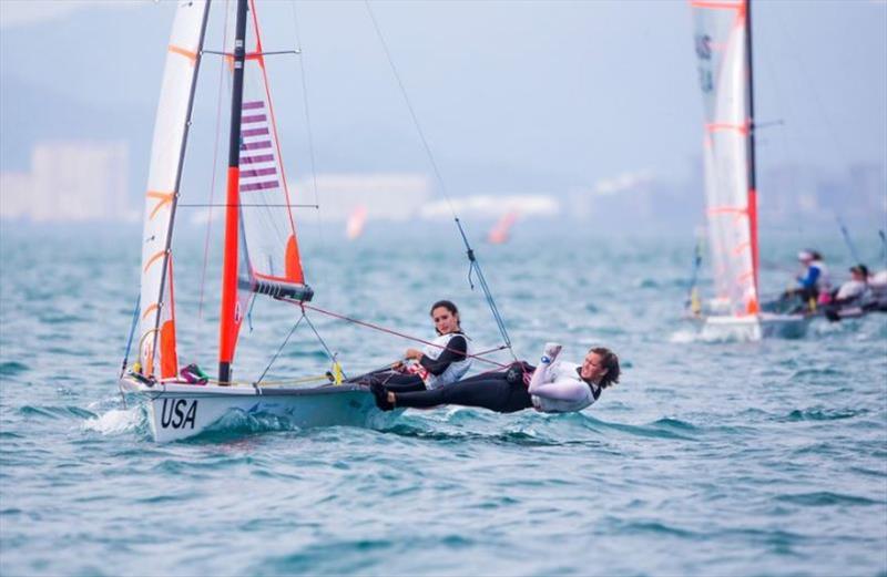Girls's 29er, Berta Puig (Key Biscayne, Fla.) and Charlotte Mack (Stuart, Fla.) at Youth Sailing Worlds photo copyright Jesus Renedo / Sailing Energy / World Sailing taken at  and featuring the 29er class