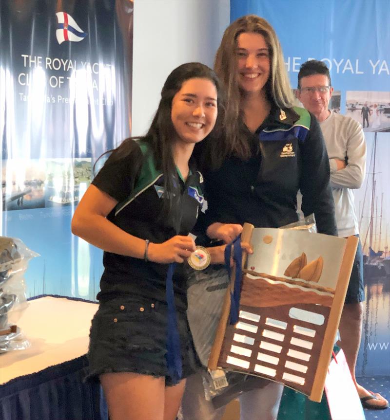 Australian 29er women's champions Alice Buchanan and Dervla Duggan with their trophy - Australian Sailing Youth Championships 2019 photo copyright Sophie Buchanan taken at Royal Yacht Club of Tasmania and featuring the 29er class