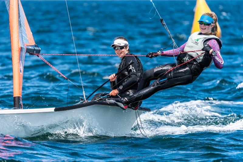 Matilda O'Donoghue and Abbey Calvert racing in the 29ers - Day 2, Australian Sailing Youth Championships 2019 photo copyright Beau Outteridge taken at Royal Yacht Club of Tasmania and featuring the 29er class