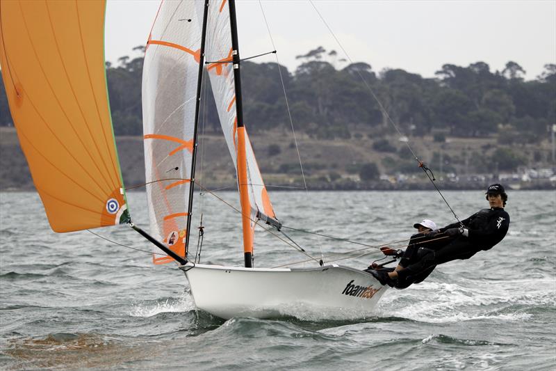 HH skippered by Oscar O'Donoghue and crewed by Rupert Hamilton on the way to the finish for a win in the first race of the day photo copyright Alex McKinnon Photography taken at Royal Geelong Yacht Club and featuring the 29er class