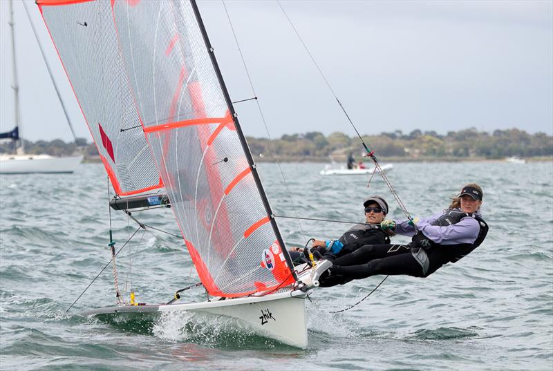 Bill Currie - skippered by Beth Tedstone and crewed by Allie Mclennan - they won the all girl 29er title photo copyright Alex McKinnon Photography taken at Royal Geelong Yacht Club and featuring the 29er class