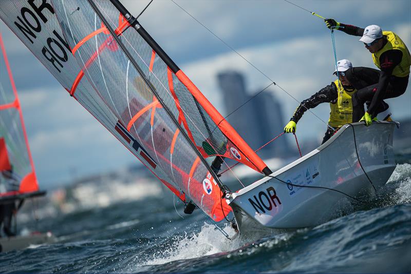 Mathias Berthet and Alexander Franks-Penty (NOR) on day 2 of the Hempel Youth Sailing World Championships photo copyright Robert Hajduk / World Sailing taken at  and featuring the 29er class