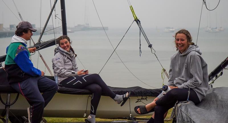 The weather hasn't dampened sailors' spirits with two final days of racing expected to see better conditions - 2020 Australian 29er Nationals photo copyright Jordan Roberts taken at Blairgowrie Yacht Squadron and featuring the 29er class