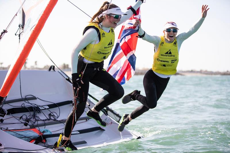Emily Mueller and Florence Brellisford win the 29er class at the Youth Sailing World Championships presented by Hempel photo copyright British Youth Sailing taken at Oman Sail and featuring the 29er class
