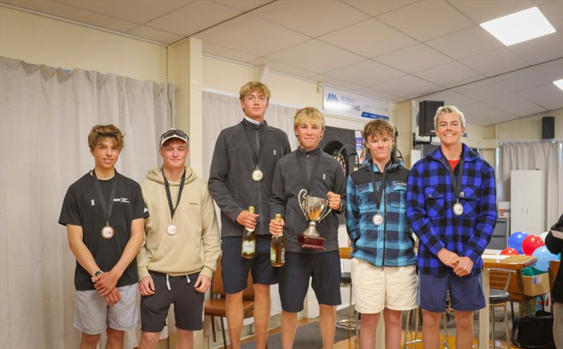 From left Hugo Smith, Louis Quere (3rd overall), Will Mason, William Leech (first overall); Nelsen Meacham, Joe Leith (2nd overall) - NZ 29er Nationals - Manly Sailing Club - June 2025 - photo © Jacob Fewtrell Media