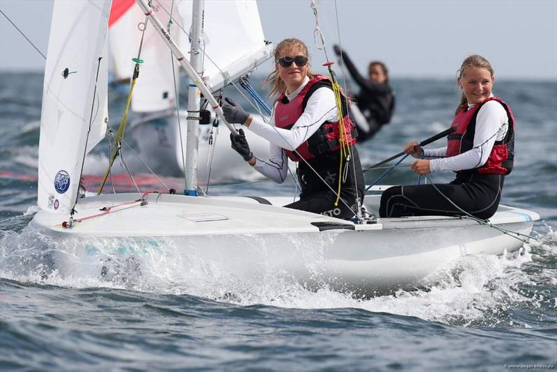 Race 8 win to Johanna Meier/Maren Roos (GER-54645) on day 6 of the 420 World Championships at Travemuende photo copyright Christian Beeck taken at Lübecker Yacht Club and featuring the 420 class