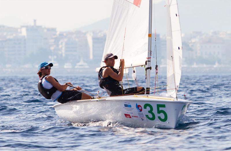 Demetrio SPOSATO and Gabriele CENTRONE (ITA) lead the U17 fleet on day 1 of the 420 Open European Championships in Athens photo copyright Nikos Alevromytis / AleN taken at Nautical Club of Tzitzifies Kallithea and featuring the 420 class