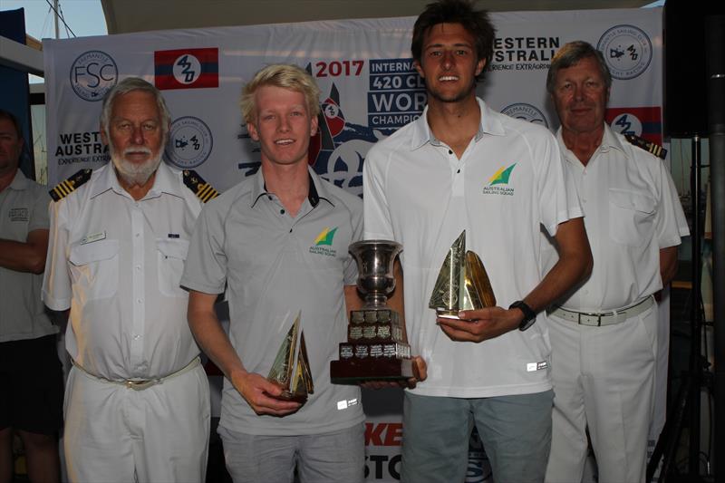 Chris Charlwood and Josh Dawson display their silverware at the 420 Australian Nationals at Fremantle - photo © Bernie Kaaks