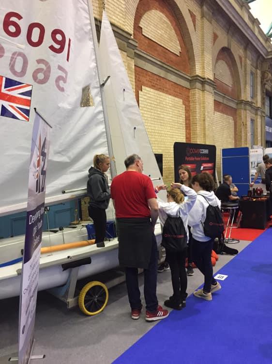 Ellie Clark and Rose Edmonds demonstrating 420 spinnaker handling at the RYA Dinghy Show 2019 photo copyright Sarah Edmonds taken at RYA Dinghy Show and featuring the 420 class