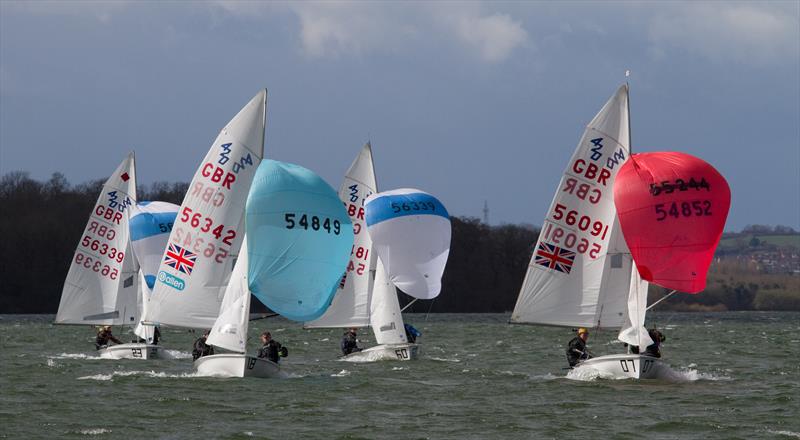 Bertie Fisher and Charlie Bacon leading the 420 fleet downwind during the 420 Inlands at Rutland - photo © Richard Sturt