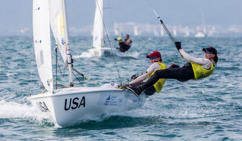 Girls 420, Carmen Cowles (Larchmont, N.Y.) and Emma Cowles (Larchmont, N.Y.) at Youth Sailing Worlds - photo © Jesus Renedo / Sailing Energy / World Sailing
