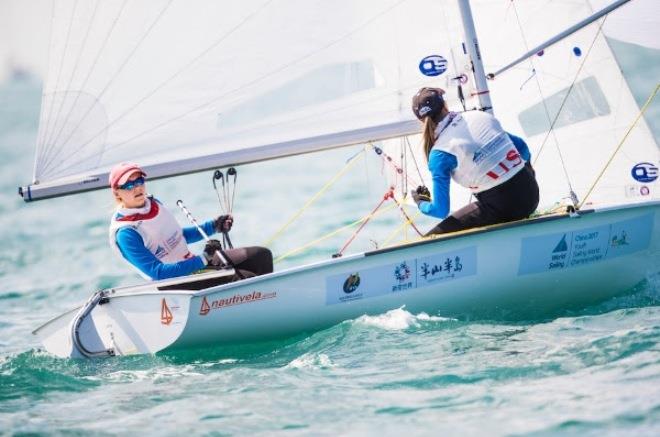 Girls 420 - Carmen Cowles (Larchmont, N.Y.) and Emma Cowles (Larchmont, N.Y.) at Youth Sailing Worlds Sanya photo copyright Jesus Renedo / Sailing Energy / World Sailing taken at  and featuring the 420 class