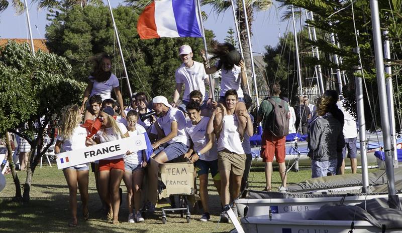 420 World Championships opening ceremony - A boisterous French squad stood out in the anything but formal procession photo copyright Bernie Kaaks taken at Fremantle Sailing Club and featuring the 420 class