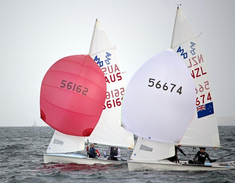 420 champions Seb Menzies and Blake McGlashan (NZL) duelling with third place-getters Marcello Torre and Tom Larkings (WA) in the 420 Nationals - photo © Penny Conacher