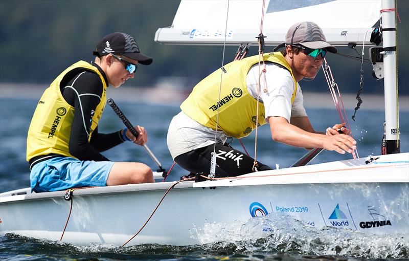 Seb Menzies and Blake McGlashan (NZL) - Day 5 - Hempel Youth Sailing World Championships photo copyright Jacek Kwiatkowski / World Sailing taken at  and featuring the 420 class