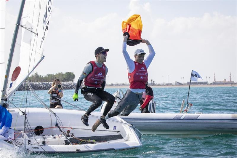 Florian Krauss and Jannis Summchen (GER) win the Male 420 class at the Youth Sailing World Championships presented by Hempel photo copyright Sander van der Borch / Lloyd Images / Oman Sail taken at Oman Sail and featuring the 420 class