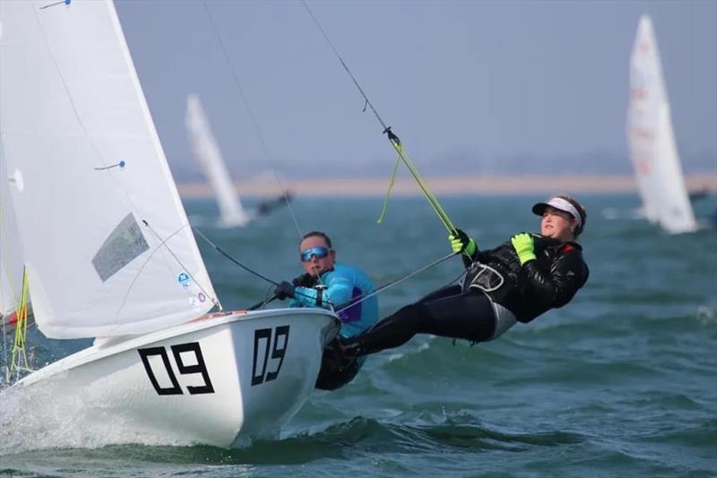 Megan Farrer & Ellie Rush finish 3rd & 1st females in the 420 Summer Selector 2 at Hayling Island photo copyright Jon Cawthorne taken at Hayling Island Sailing Club and featuring the 420 class