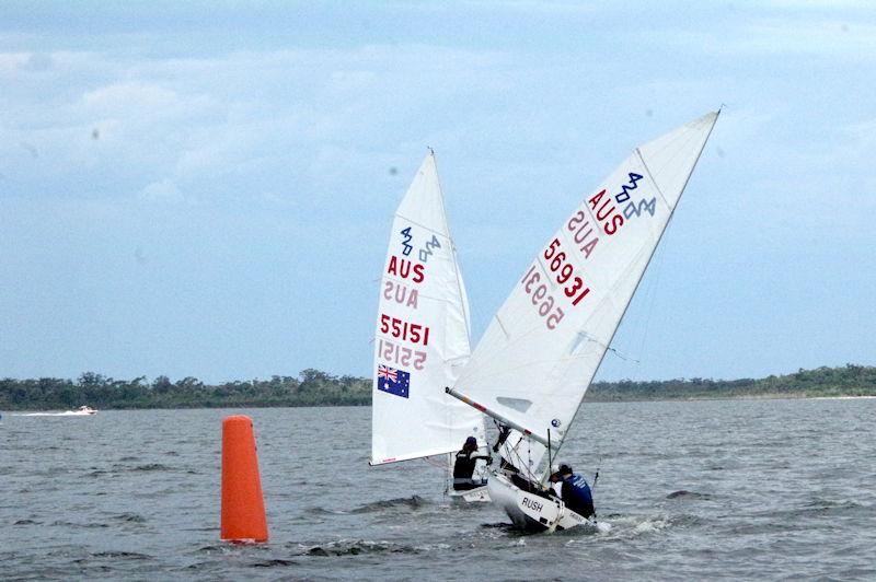 Will Wilkinson and Luca Alexander, sailing in Rush (sail number 56931), race to gather in former national champions James Jackson and Harrison Chapman, in Balance (sail number 55151) at the 2023 Australian 420 Championship photo copyright Jeanette Severs taken at Metung Yacht Club and featuring the 420 class