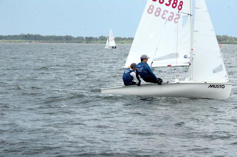 Making good use of the trapeze to gain speed on day one, Martin Liebhold and Elia Sellers, racing in Brave Storm (sail number 56388) at the 2023 Australian 420 Championship photo copyright Jeanette Severs taken at Metung Yacht Club and featuring the 420 class