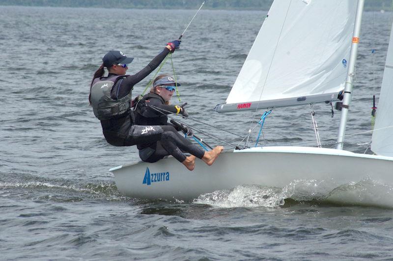 Competing in Azzurra (sail number 55149), Olivia Cameron and Lilly Fogarty, create some waves at the 2023 Australian 420 Championship photo copyright Jeanette Severs taken at Metung Yacht Club and featuring the 420 class