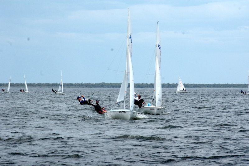 Current 420 national champion Carter Baker, competing with Matty Goss, ahead of current NSW champions Spencer and Benedict Mckay at the 2023 Australian 420 Championship photo copyright Jeanette Severs taken at Metung Yacht Club and featuring the 420 class