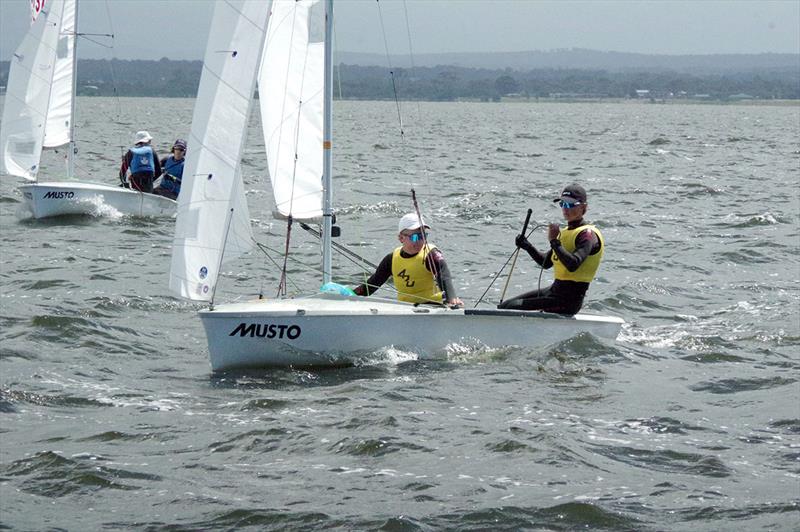 Competing race-by-race for the 2023 International 420 National Championships were Spencer and Benedict Mckay (foreground) and James Jackson and Harrison Chapman (background) - 2023 Australian 420 Championship photo copyright Jeanette Severs taken at Metung Yacht Club and featuring the 420 class