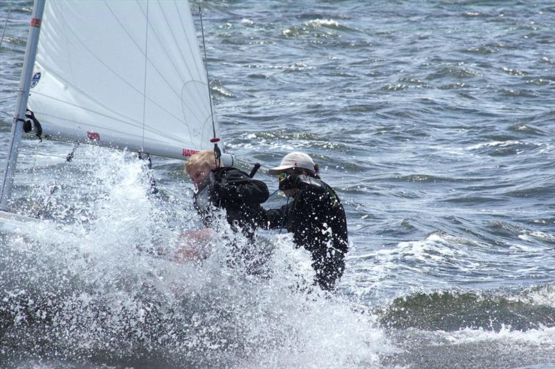 The crew of Shake N Bake taking on waves - 2023 Australian 420 Championship photo copyright Jeanette Severs taken at Metung Yacht Club and featuring the 420 class